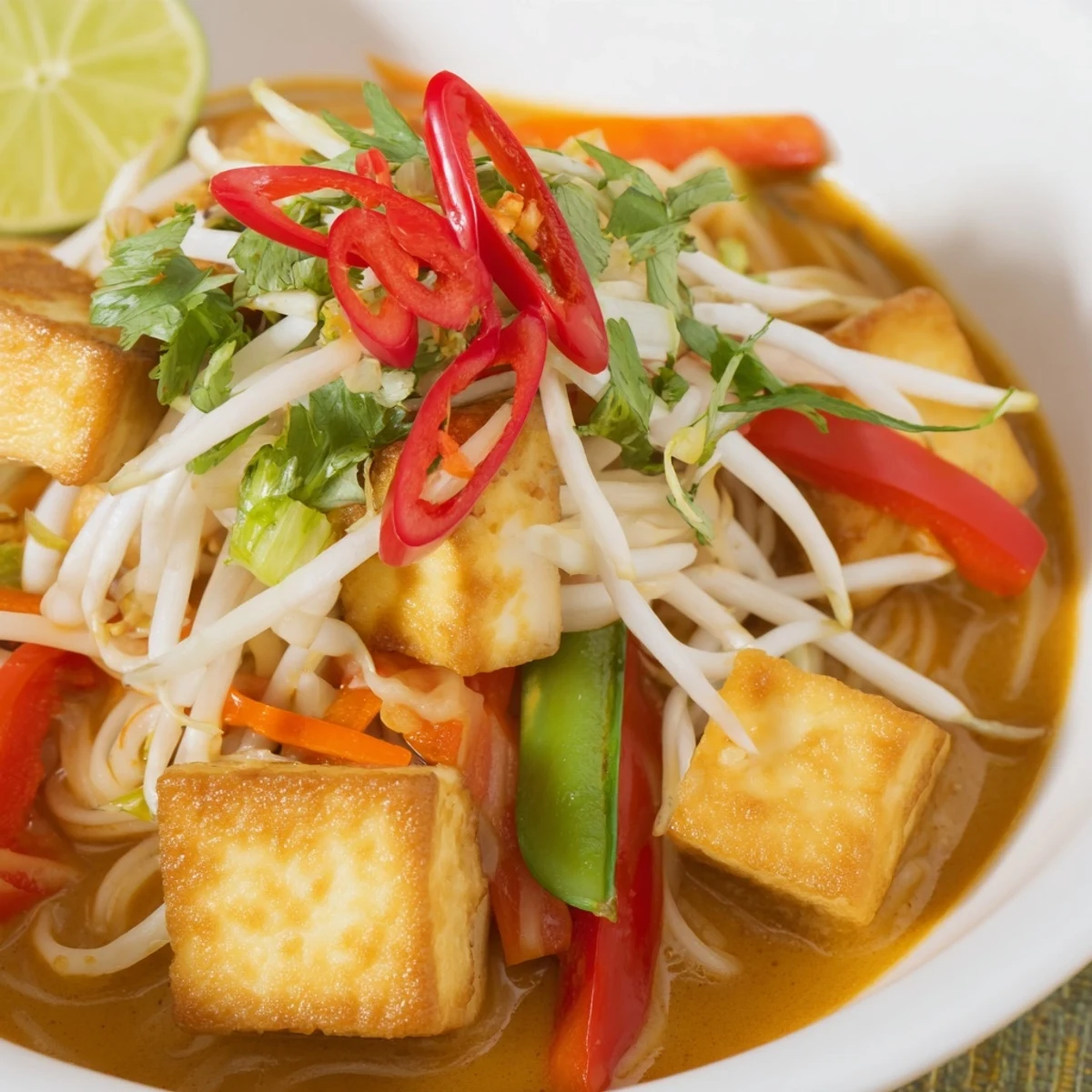 Steaming bowl of Malaysian Laksa Curry with vibrant veggies, tofu, and noodles, ready to be enjoyed.