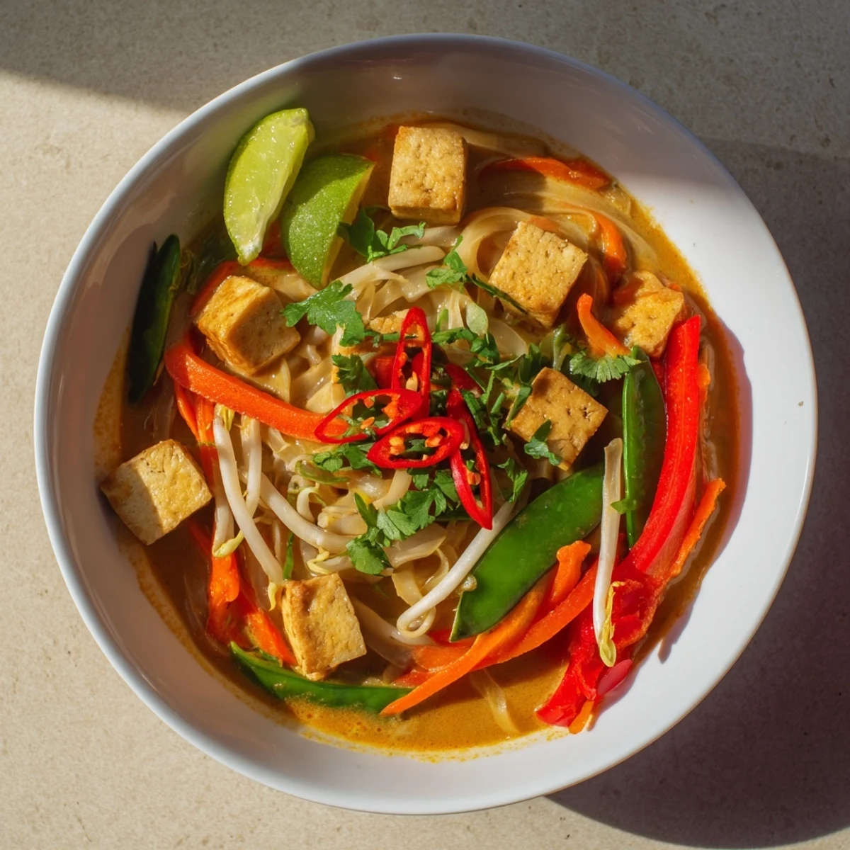 A creamy, fragrant serving of Malaysian Laksa Curry featuring noodles, tofu, and a rich coconut broth.