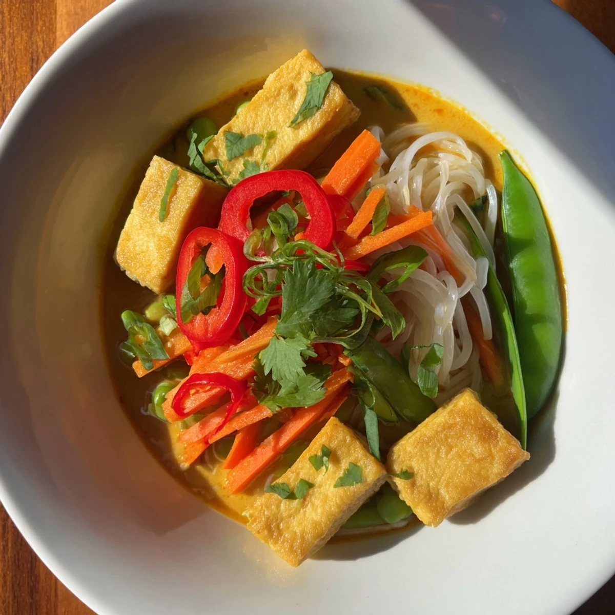 Close-up of Malaysian Laksa Curry showcasing colorful vegetables and fresh herbs for a flavorful meal.