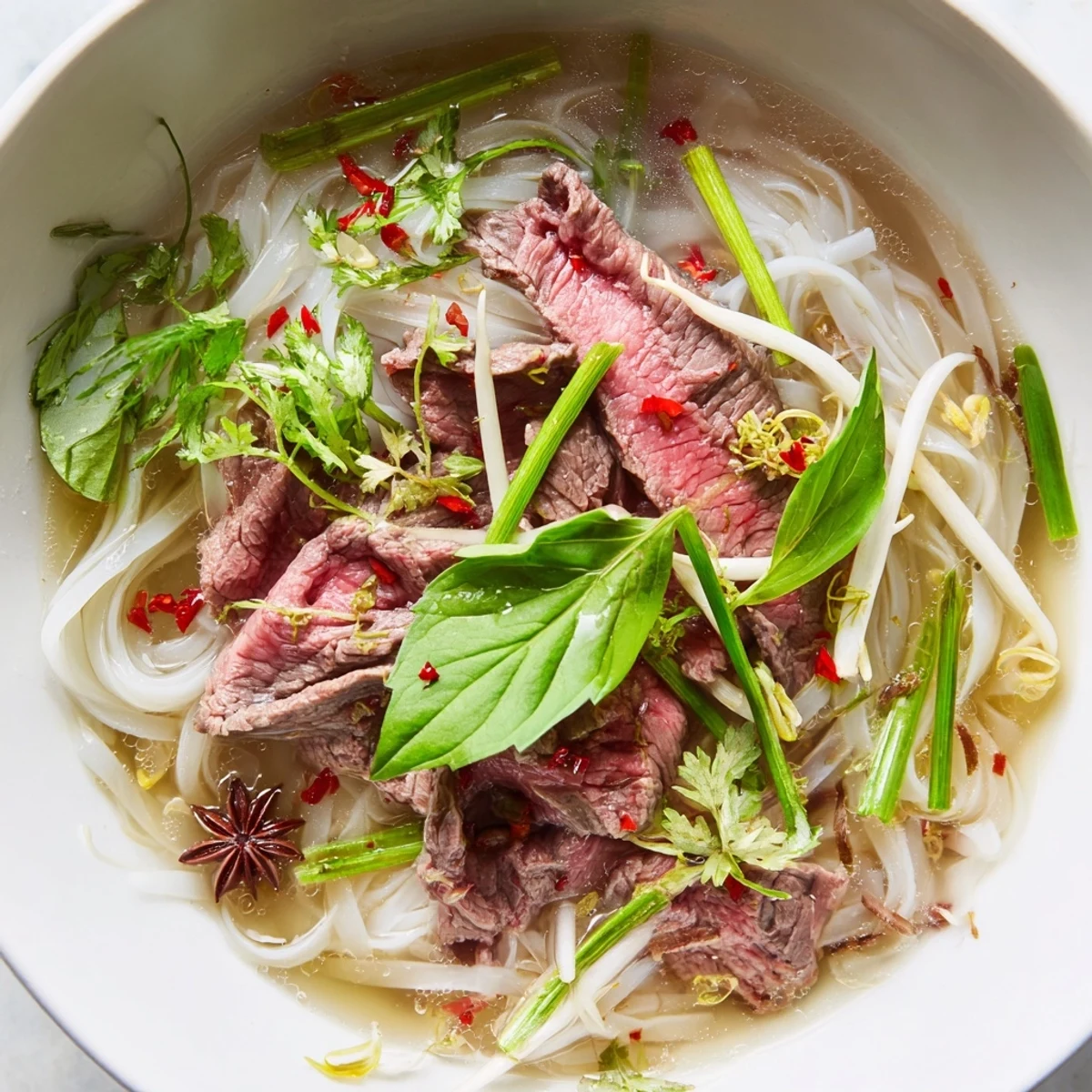 Steaming bowl of Vietnamese Pho Express with fresh herbs, ready for a delicious, quick dinner.