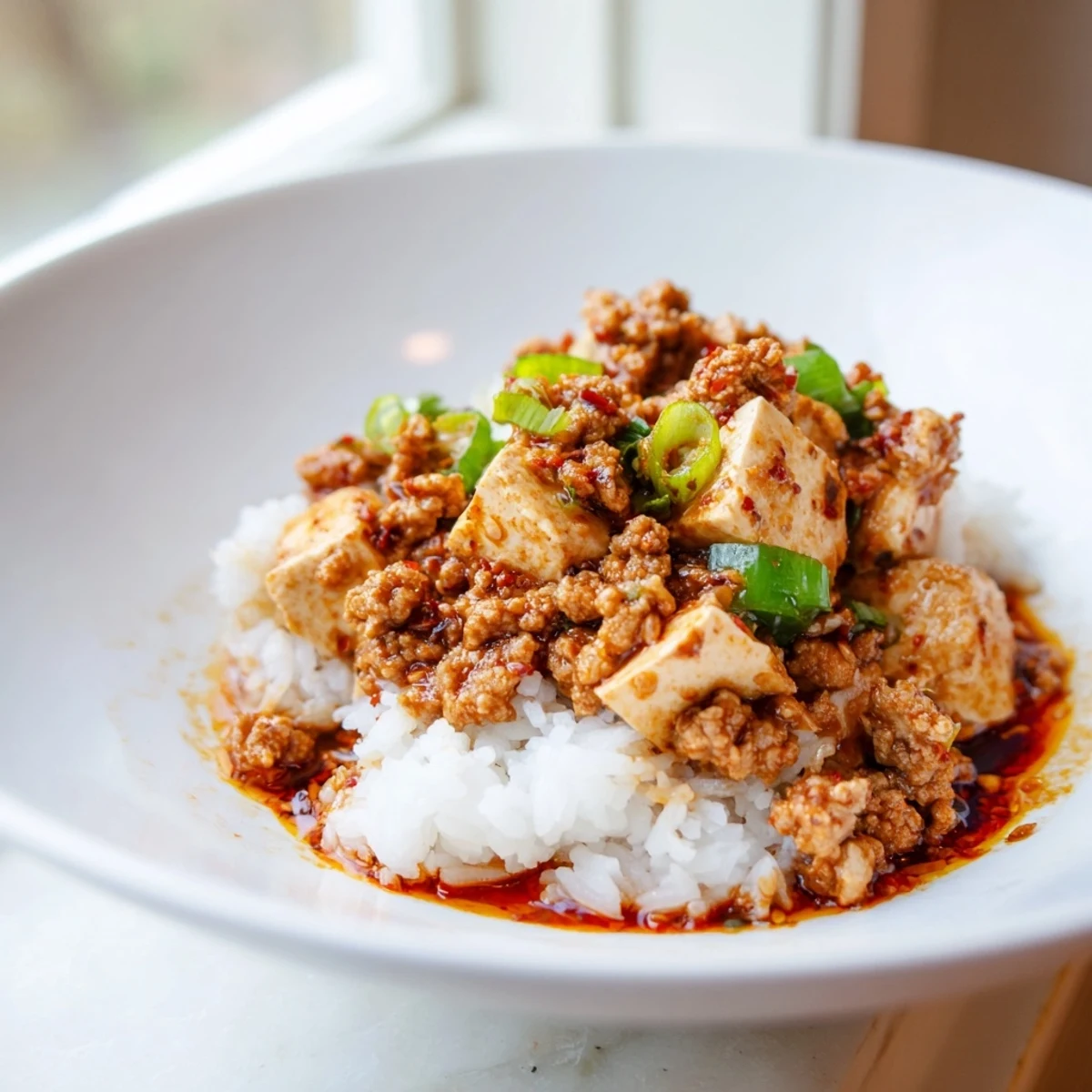 A close-up of savory Mapo Tofu, showcasing the silky tofu in spicy chili sauce.