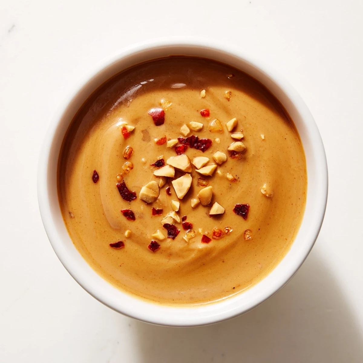 Creamy Indonesian satay sauce, ready for dipping, with aromatic spices and a rich, peanutty flavor.