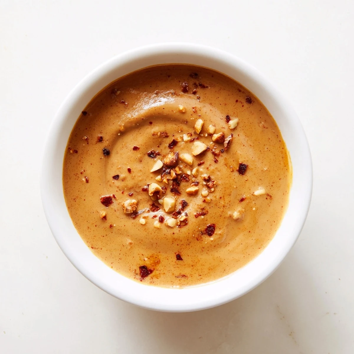 Freshly made Indonesian satay sauce with visible texture; a vibrant, delicious sauce for many dishes.