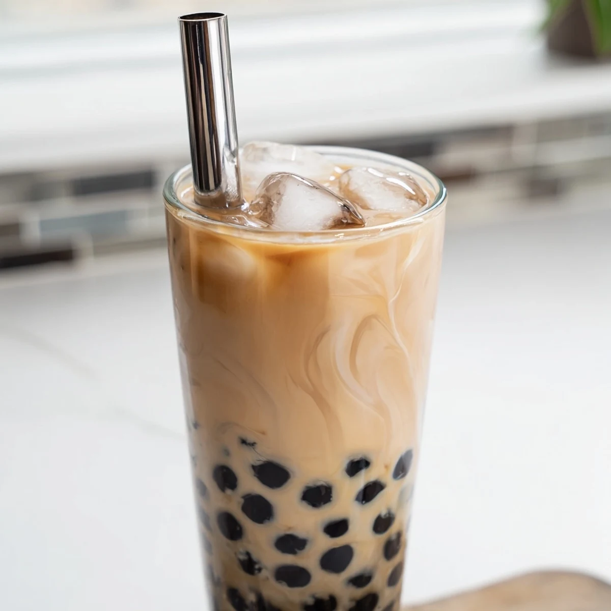 Close-up of chilled Boba Tea Hack – Instant Bubble Tea with Sweetened Condensed Milk beside condensed milk, ice, and chewy boba pearls for a quick treat.