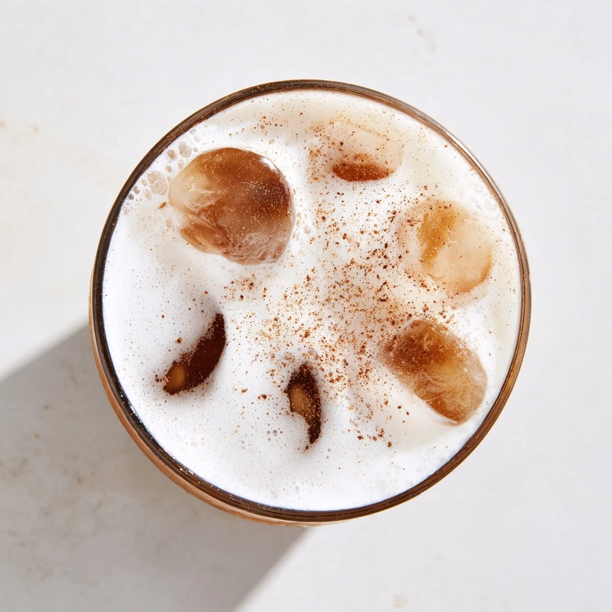 A close-up of iced chai tea with cold foam in a glass, condensation beading on the sides and a dusting of ground cinnamon on top.  