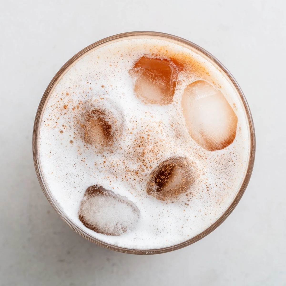 Two glasses of iced chai tea with cold foam sit on a marble surface, garnished with cinnamon and ready for a refreshing sip.  