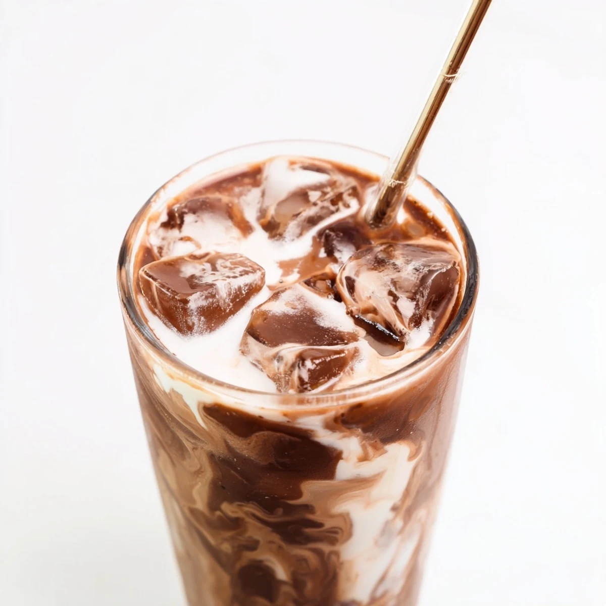 Chilled tall glass of Milo ice latte with ice cubes, a chocolatey, refreshing homemade coffee drink.