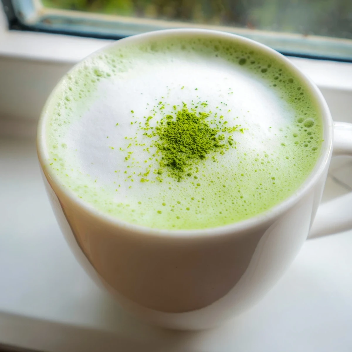 Refreshing iced matcha green tea latte served in a glass with ice cubes, showcasing the bold emerald hue and frothy layer.