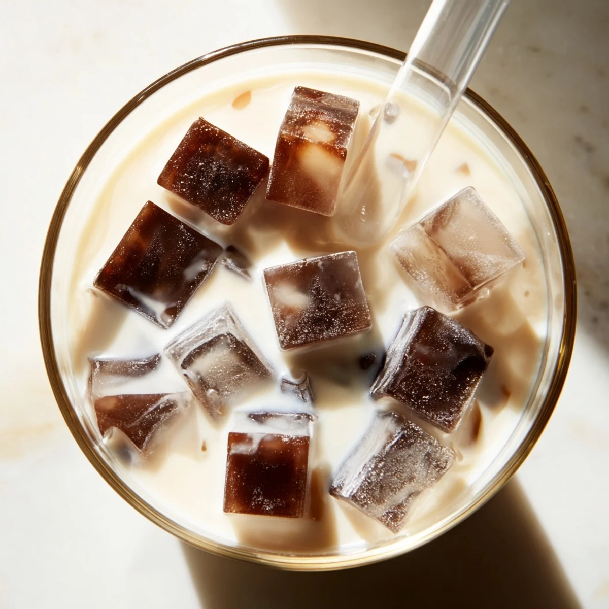 A glass of refreshing Coffee Jelly Drink filled with glistening coffee cubes and creamy milk, served over ice for a chilled treat.
