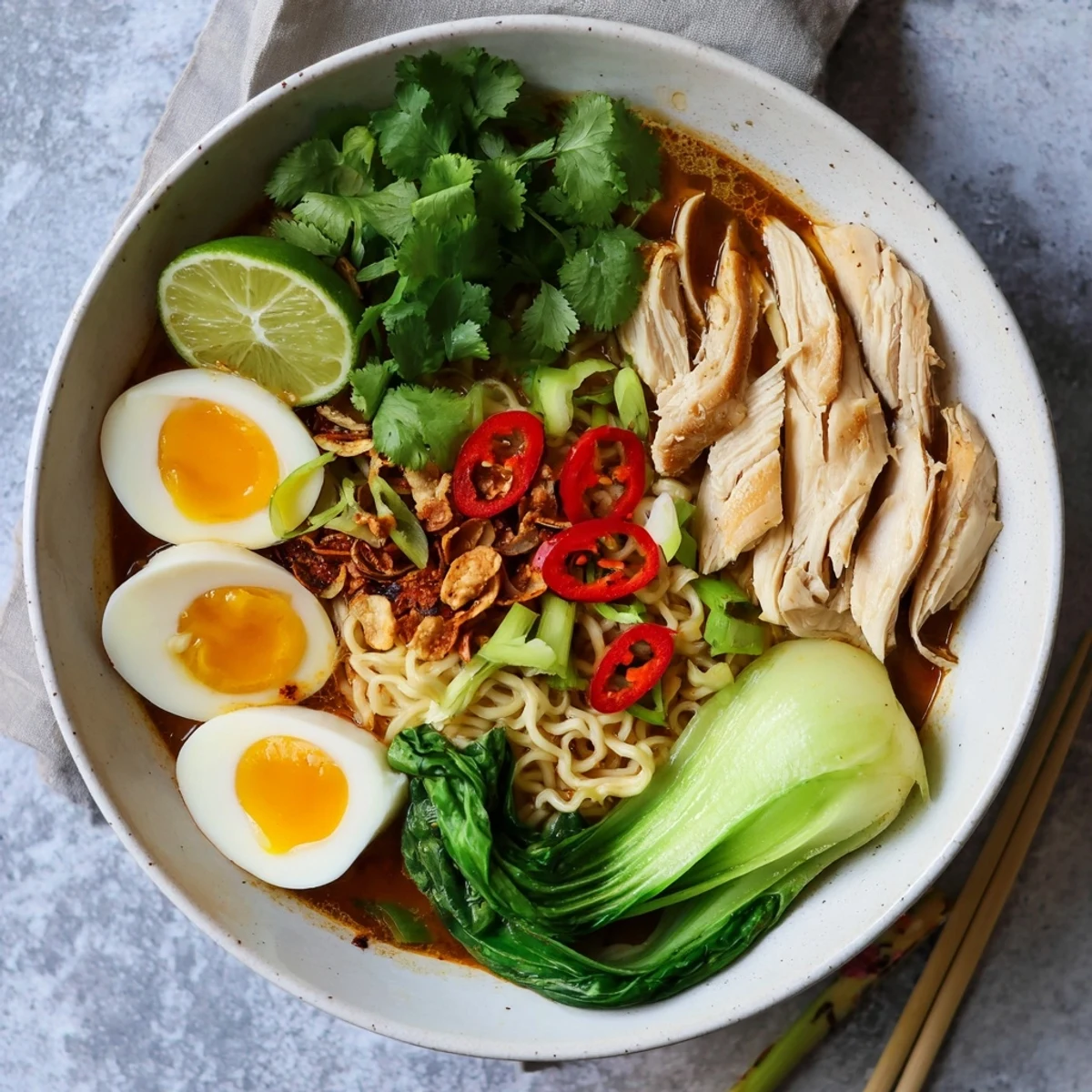 Thai Miso Ramen Bowl served with bright lime wedges and fresh cilantro for a vibrant meal.  