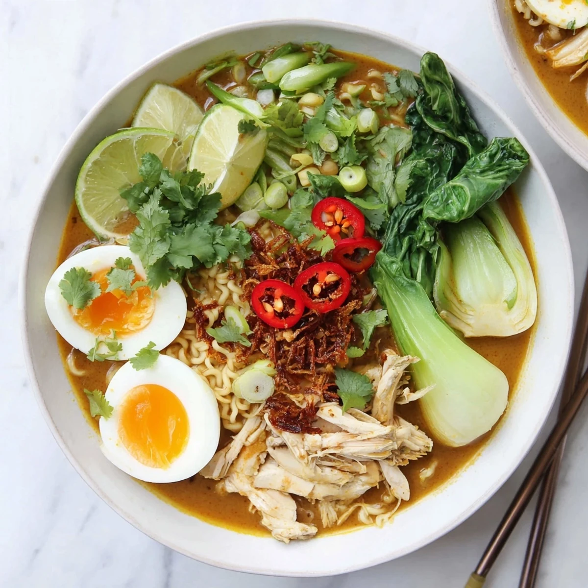 A steaming Thai Miso Ramen Bowl with tender chicken, soft-boiled eggs, bok choy, and crispy shallots.  