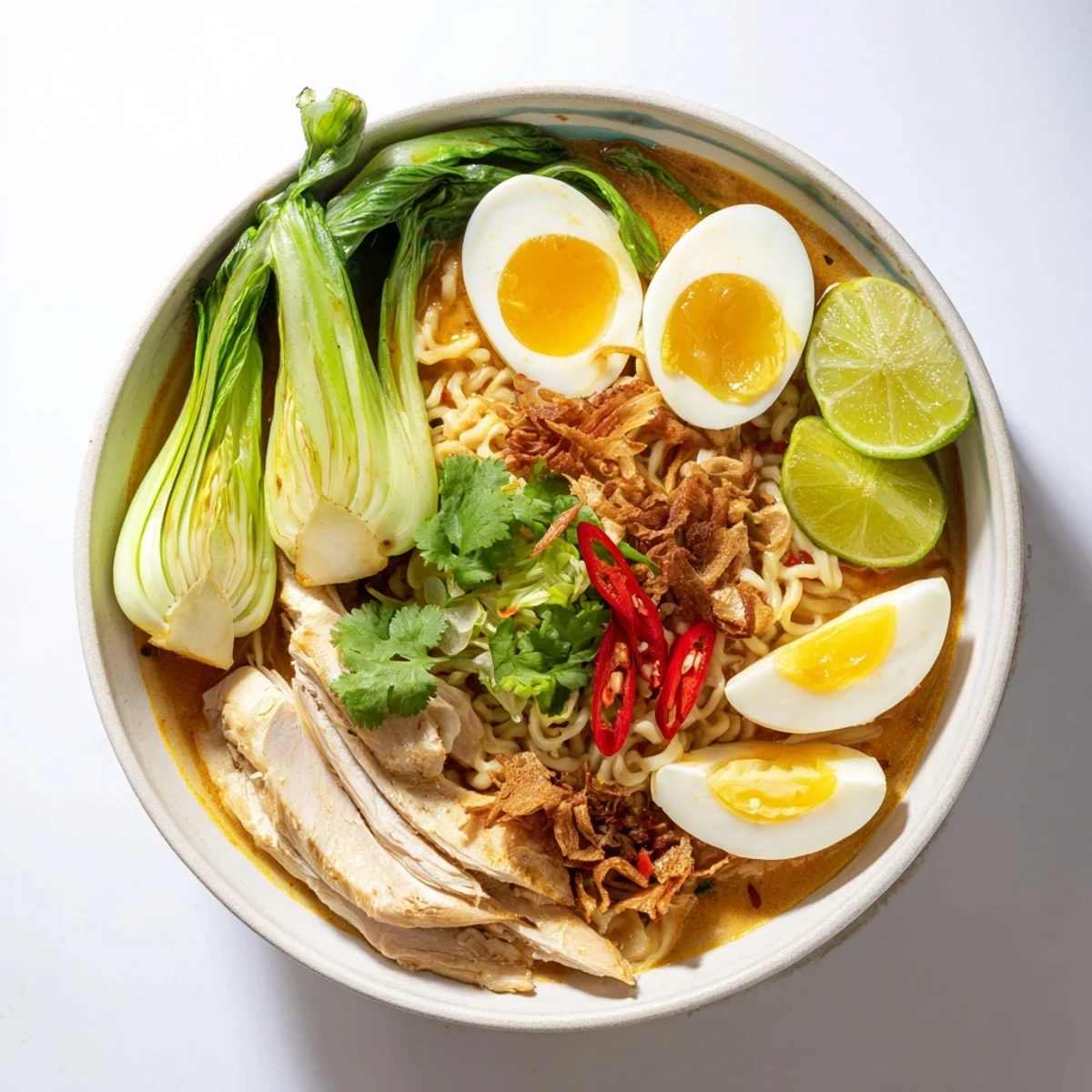 Close-up of a savory Thai Miso Ramen Bowl featuring rich broth, noodles, and chili slices.