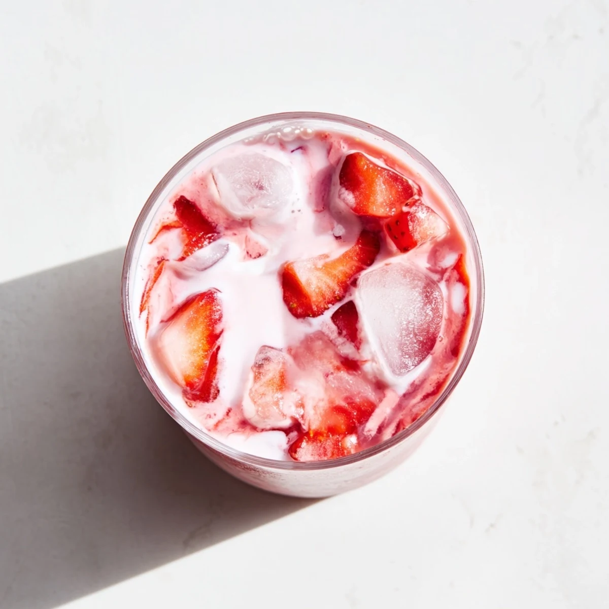 A close-up of the creamy Refresher Copycat Pink Drink, with ice cubes glistening beside sliced strawberries.