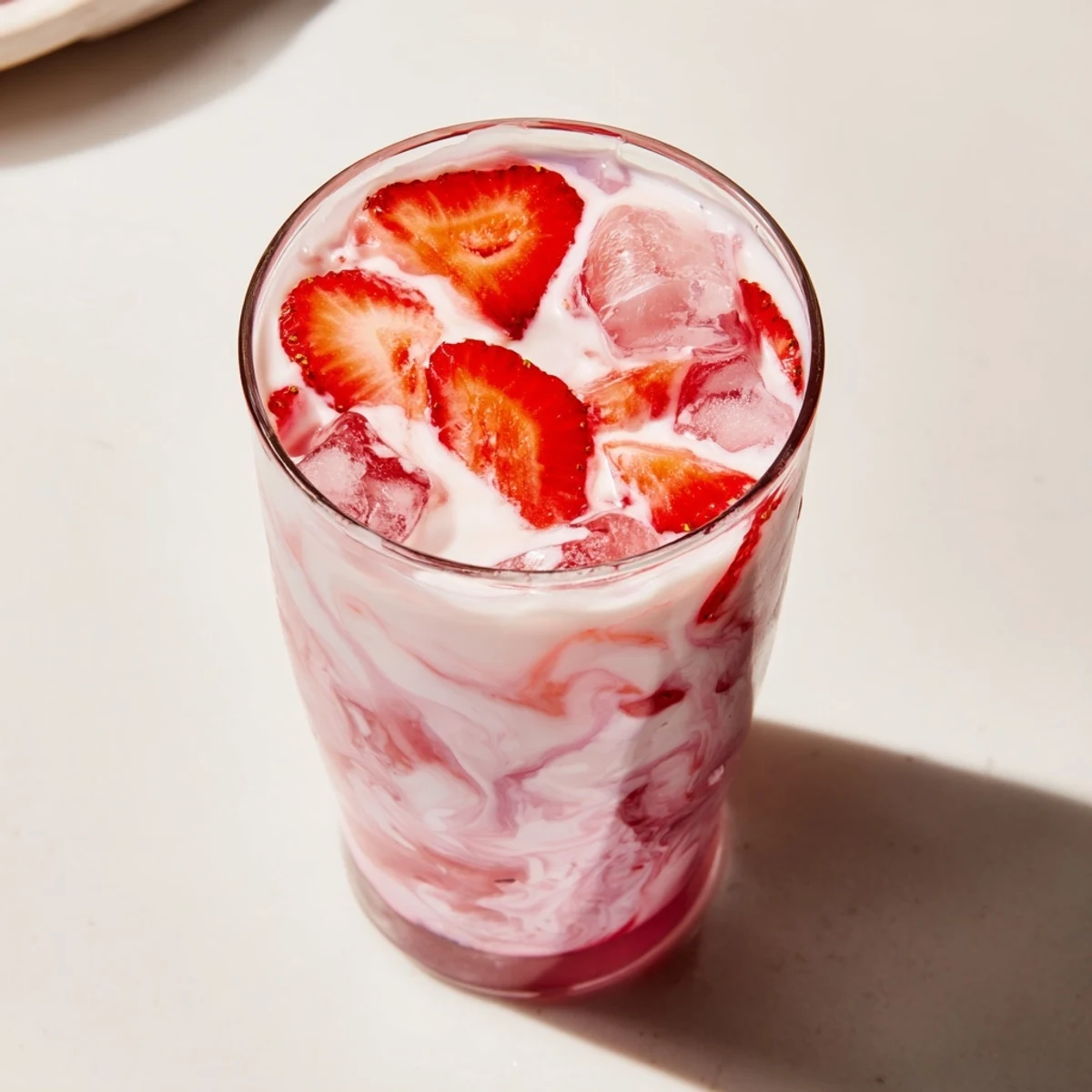 The refreshing Refresher Copycat Pink Drink served over ice, highlighting its beautiful pink color and tropical coconut milk.