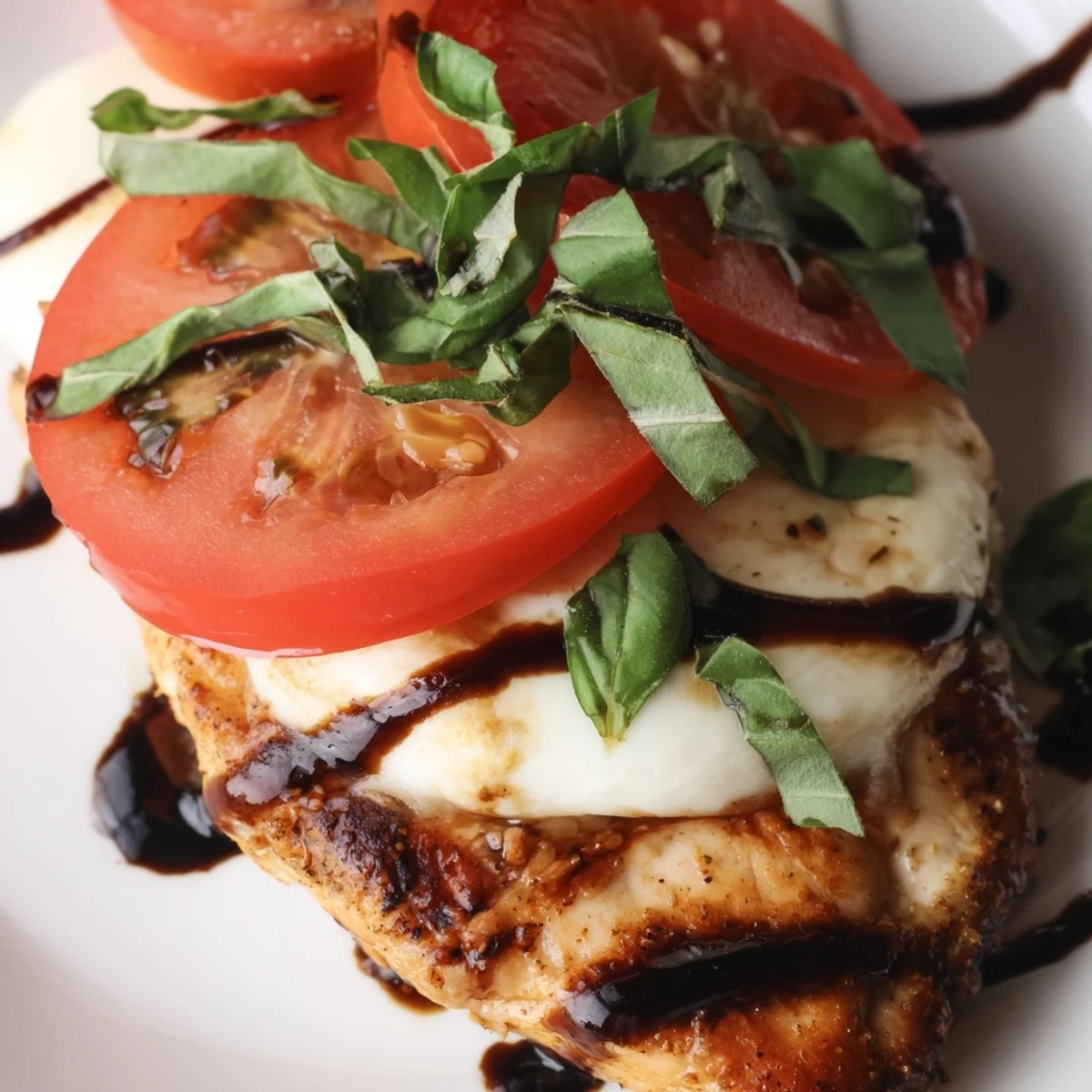 Golden-brown Caprese Chicken Skillet in a cast iron pan with melted mozzarella, juicy red tomatoes, and fresh basil leaves. 