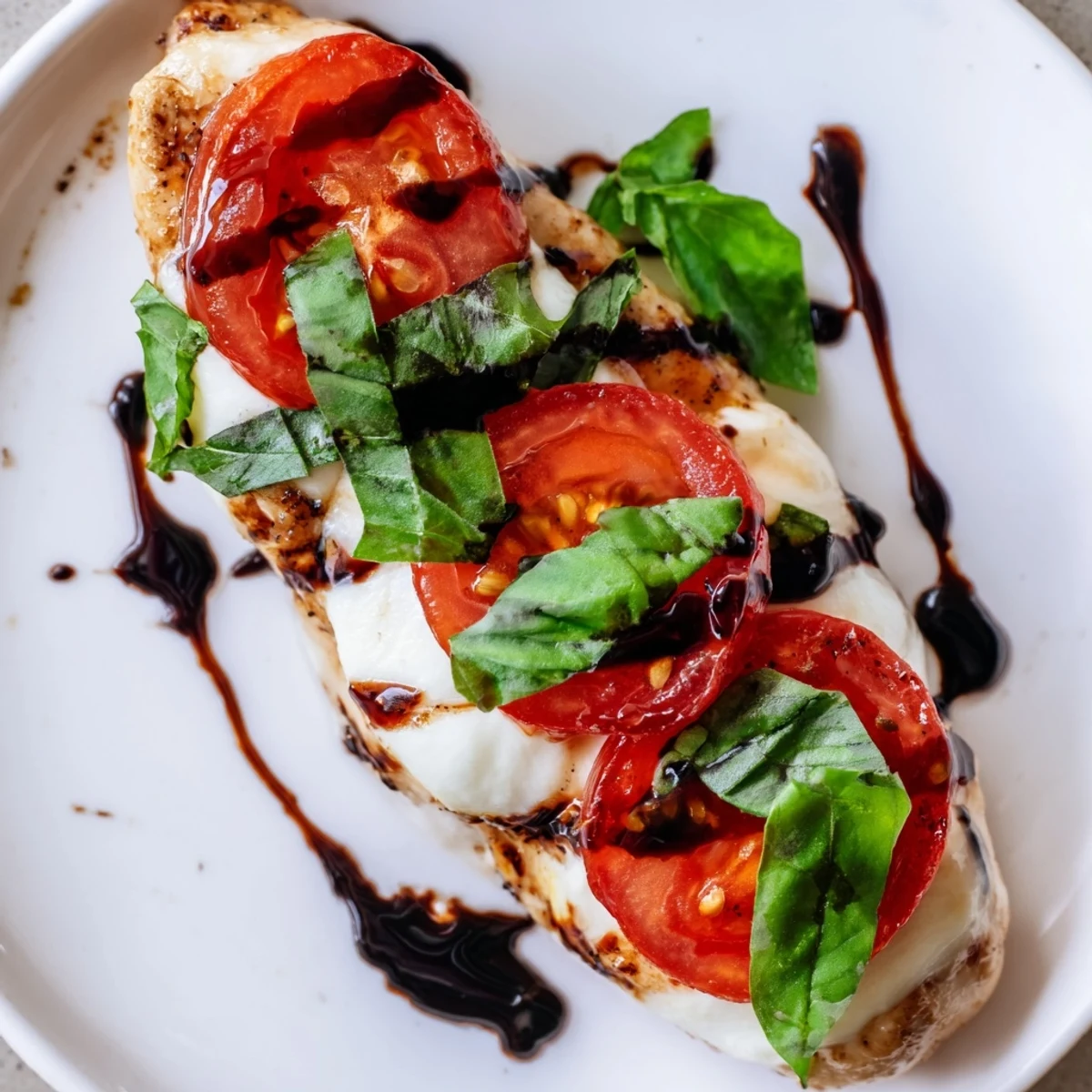 One-pan Caprese Chicken Skillet recipe with sliced tomatoes and melted fresh mozzarella, perfect for a quick dinner.