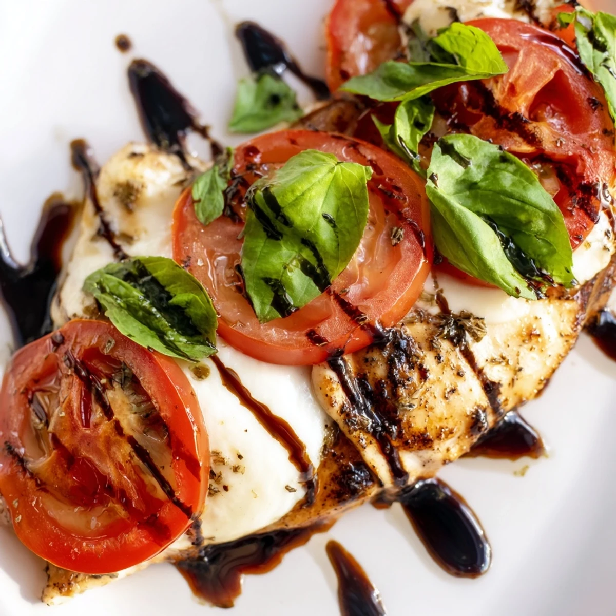 Tender seared Caprese Chicken Skillet topped with balsamic glaze drizzle, served beside a crisp green salad. 