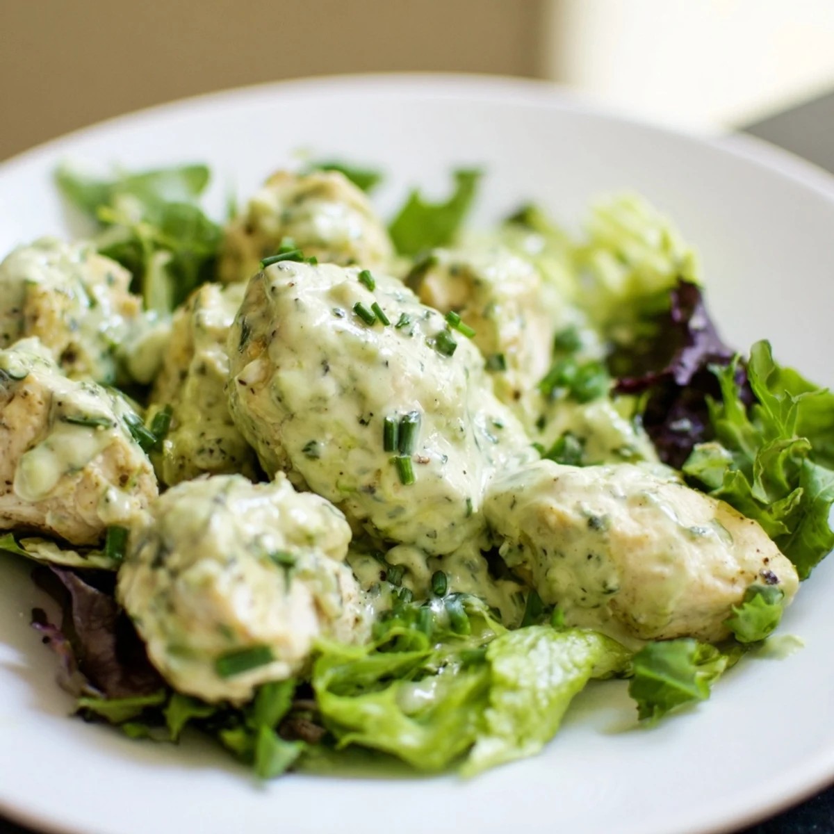 Hearty avocado ranch chicken salad features tender chicken breast, herbs, and vegetables, perfect for an easy, light dinner.