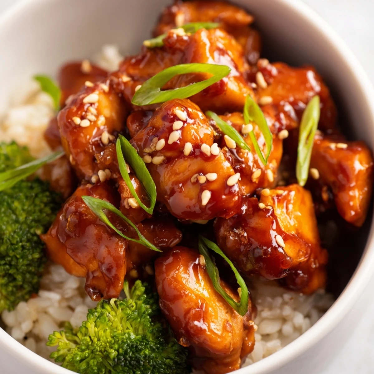 A close-up of Sweet Chili Chicken Bowl with glazed chicken, fluffy rice, and vibrant green steamed broccoli.