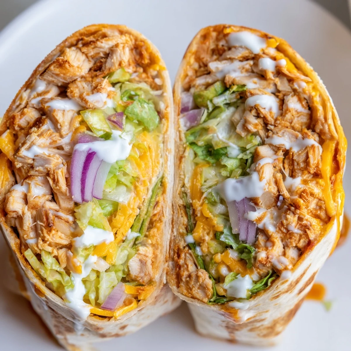 Freshly assembled Buffalo Ranch Chicken Wrap filled with shredded buffalo chicken, melted cheddar, crisp romaine, and red onion on a large flour tortilla.