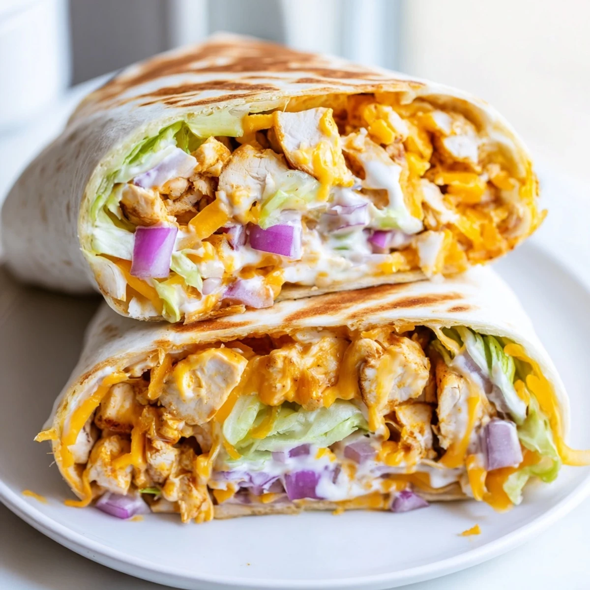 Warm, toasted Buffalo Ranch Chicken Wrap halves showing melted cheese and drizzles of ranch and buffalo sauce, served with celery sticks.