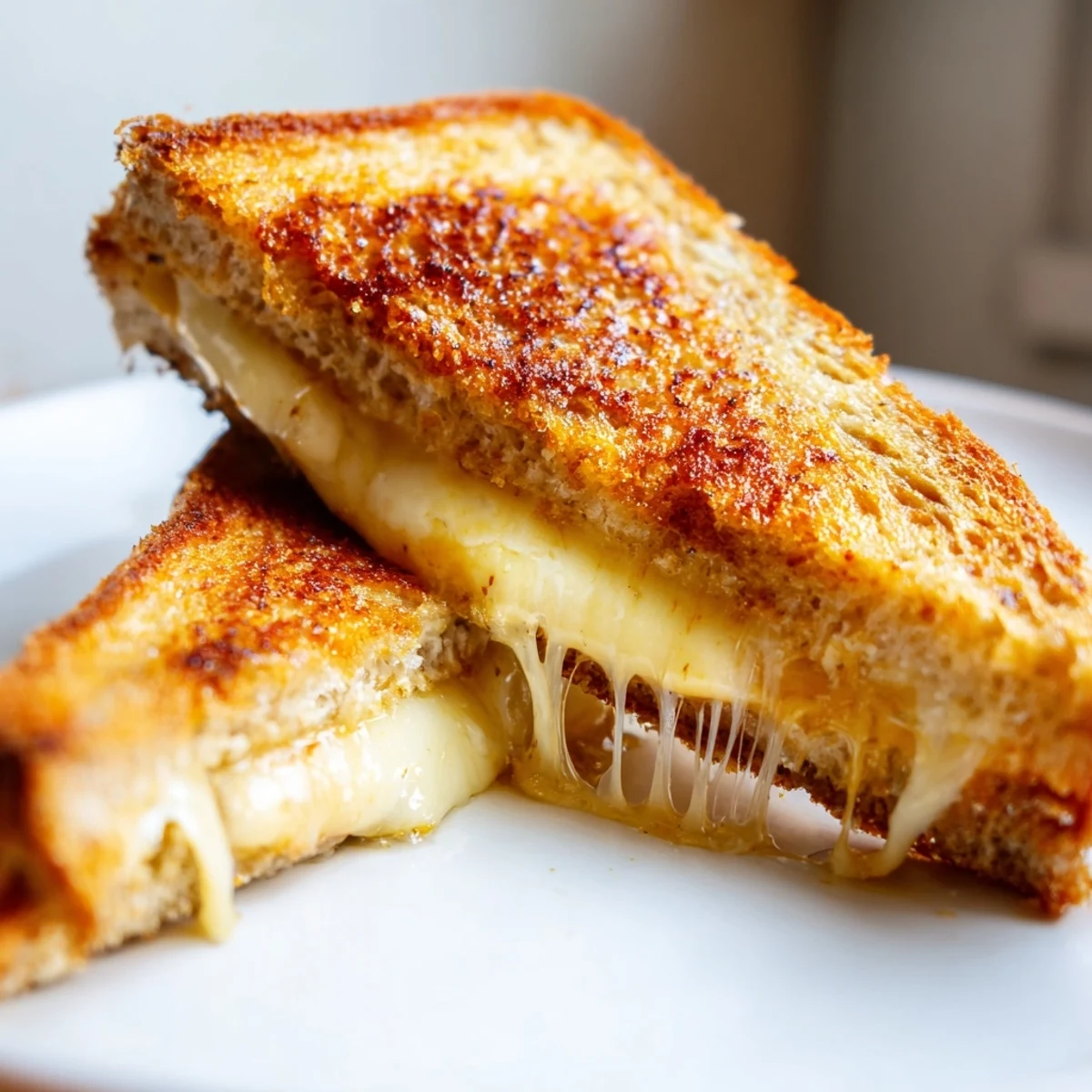 Golden-brown Three-Cheese Grilled Cheese on sourdough, oozing melted mozzarella, cheddar, and provolone from a crispy crust.