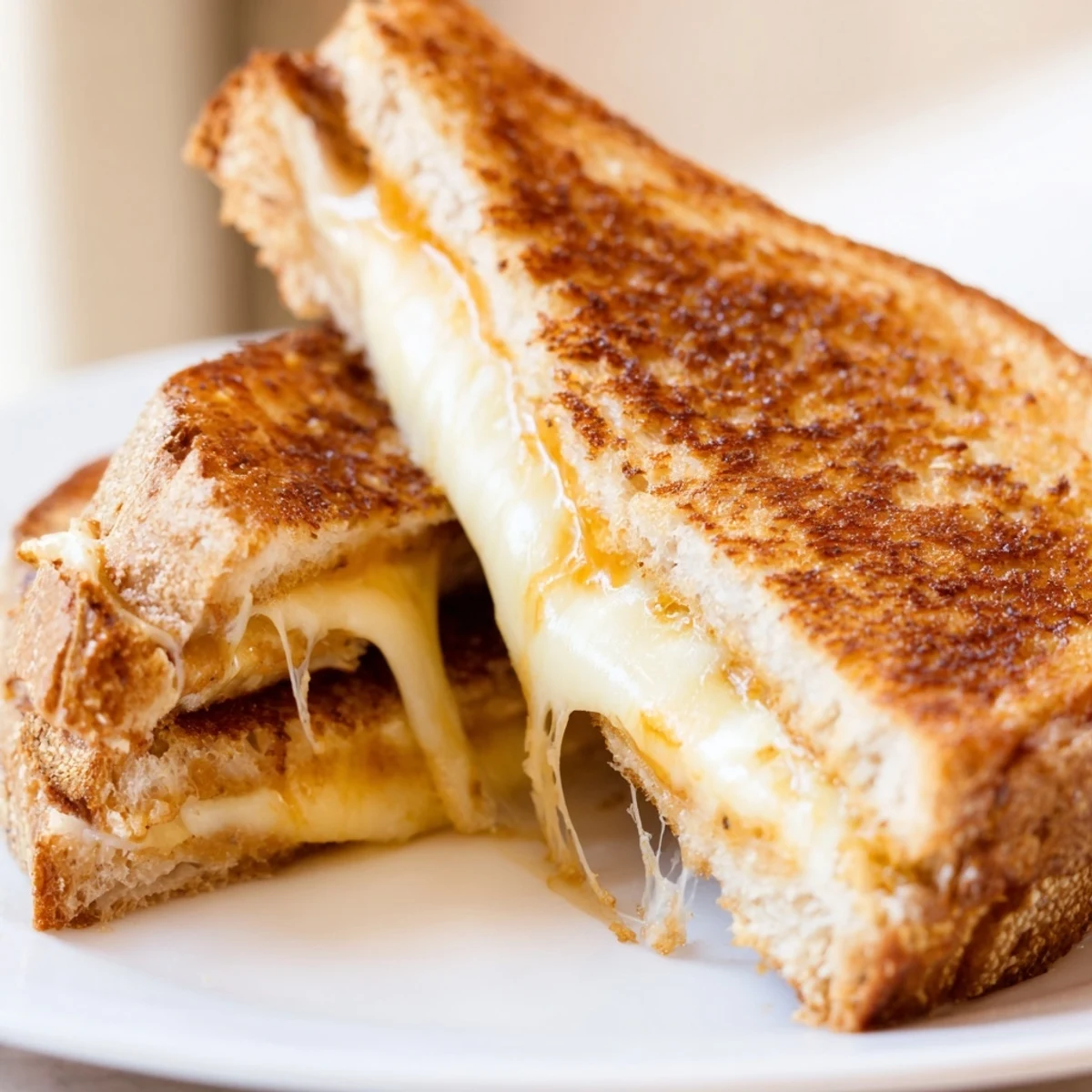 Three-Cheese Grilled Cheese on a cutting board, sliced to show gooey cheese layers, served beside a warm bowl of tomato soup.
