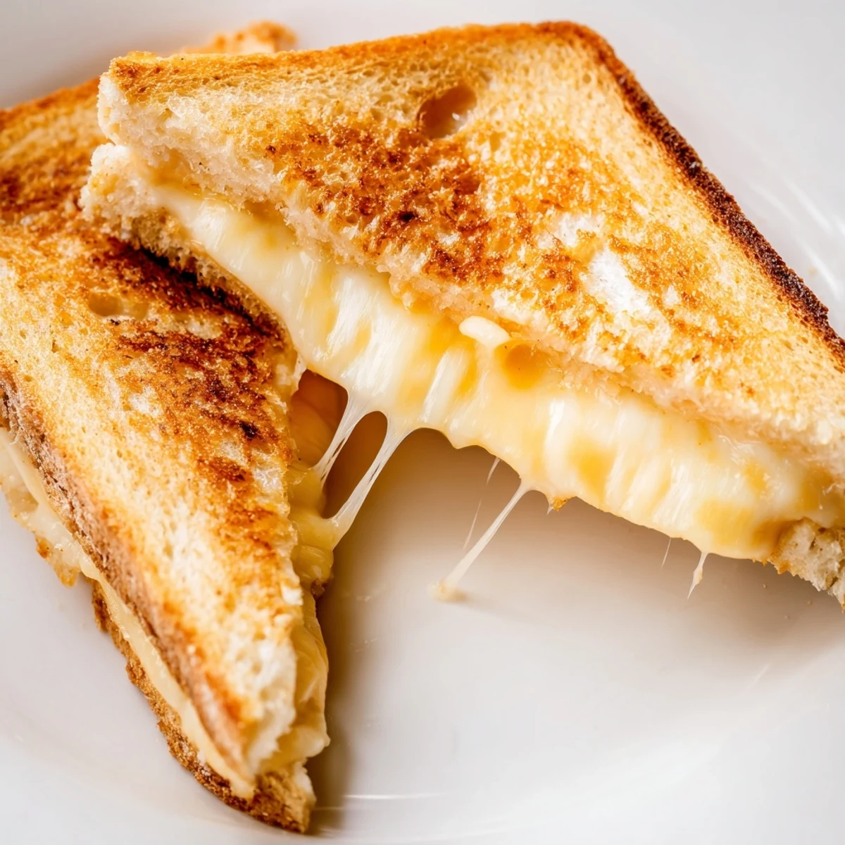 Buttered Three-Cheese Grilled Cheese in a skillet, golden and crispy, with steam rising from melted mozzarella, cheddar, and provolone.