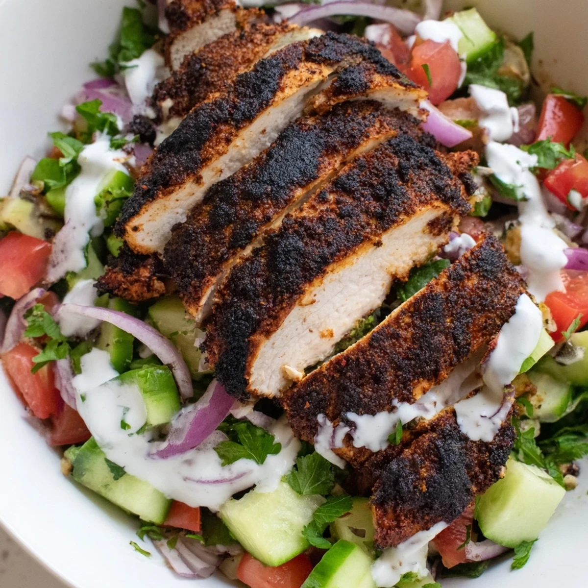Close-up of Chicken Shawarma Salad highlighting golden char on the chicken, vibrant veggies, and a tangy yogurt sauce.  
