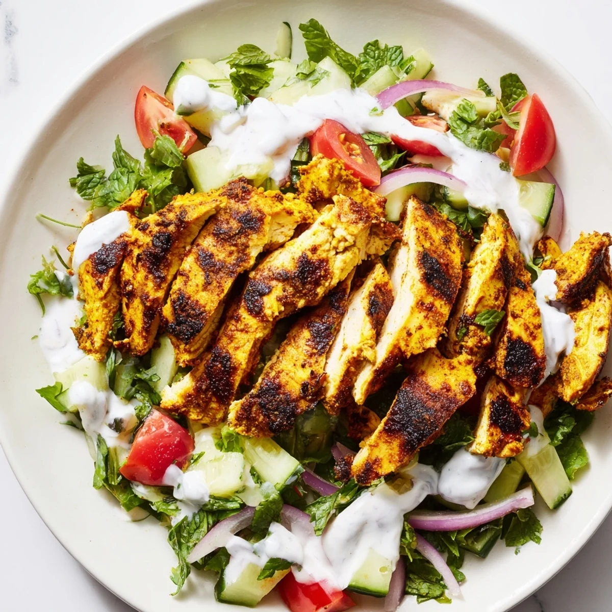 A plated Chicken Shawarma Salad for four, with colorful Mediterranean vegetables and a luscious, garlicky yogurt dressing drizzle.