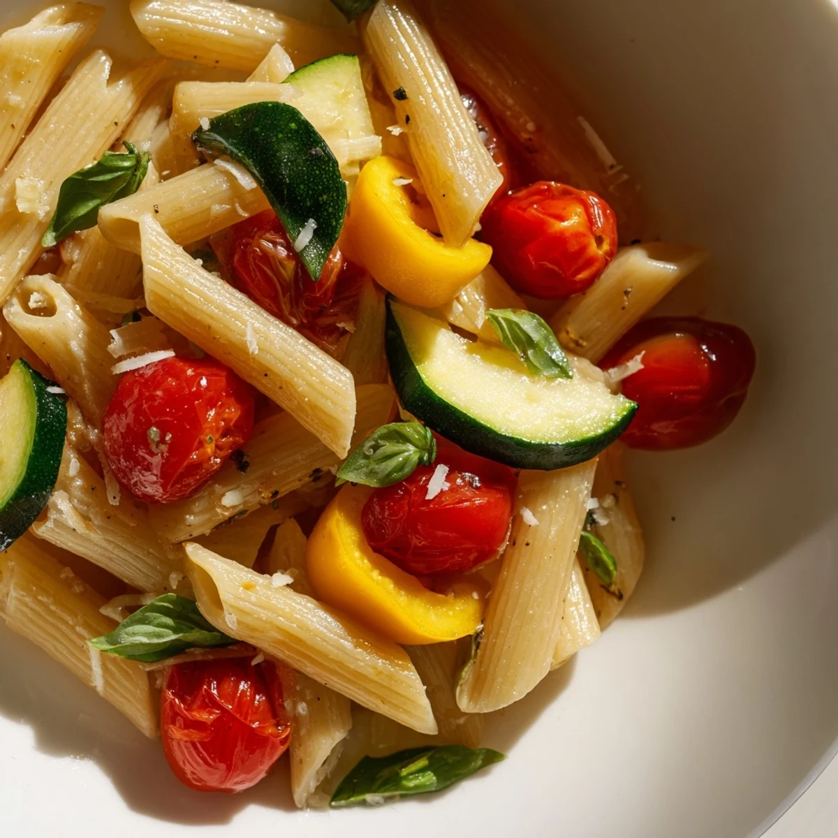 Perfectly cooked Garden Veggie Pasta tossed with zucchini, yellow squash, and juicy tomatoes.