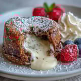 Hojicha White Chocolate Lava Cake with a molten center, dusted with powdered sugar and fresh raspberries on a plate.