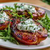 A colorful summer salad with smoky grilled peaches, soft burrata, and vibrant arugula, drizzled in honey-balsamic dressing.  