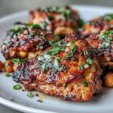 Golden-skinned harissa chicken nestled among roasted red peppers, zucchini, and chickpeas, garnished with fresh herbs.  