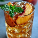 Cold-brewed green tea blended with fresh peach syrup and zesty lemonade, garnished with peach slices and mint.  