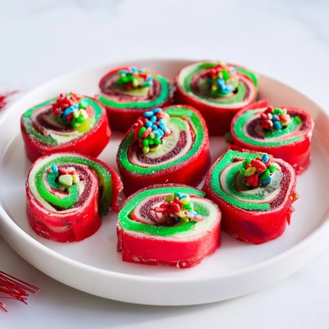 Vibrant Easy Christmas Fruit Rollup Sushi with colorful candies and chewy fruit rollups arranged as festive rolls.