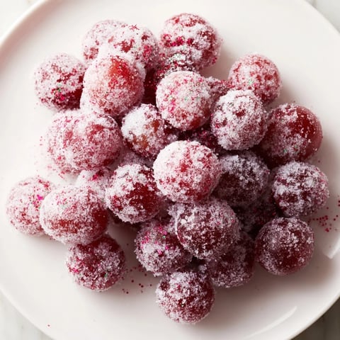 Quick Festive Frozen Grape Treats glistening with sugared coating, a refreshing, frozen dessert.