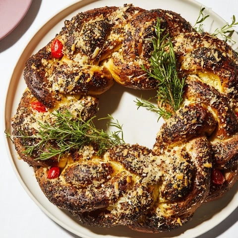 Golden-brown Budget Holiday Pretzel Wreath, ready to eat, garnished with festive rosemary and cranberries.