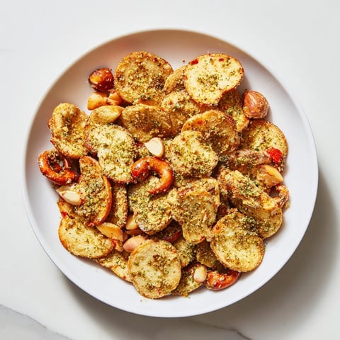 Golden, crunchy Air Fryer Bagel Chip Christmas Mix boasting festive red, green and brown colors.