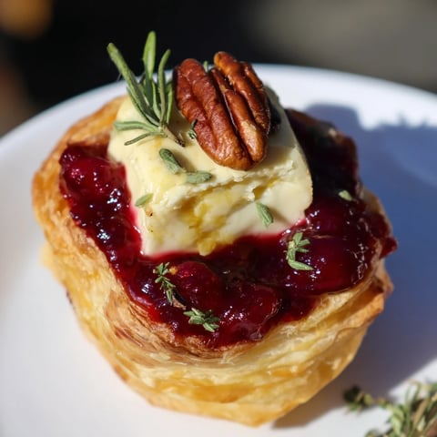 Express Cranberry Sauce Brie Bites, golden pastry cups overflowing with melted Brie and vibrant cranberry sauce.