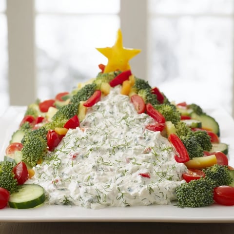 Festive Simplified Christmas Tree Dip arranged on a platter, ready with vegetables and crackers for serving.