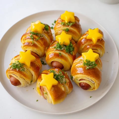 Golden-baked Express Pigs in Blanket Christmas Tree arranged with tasty wrapped sausages ready to eat.