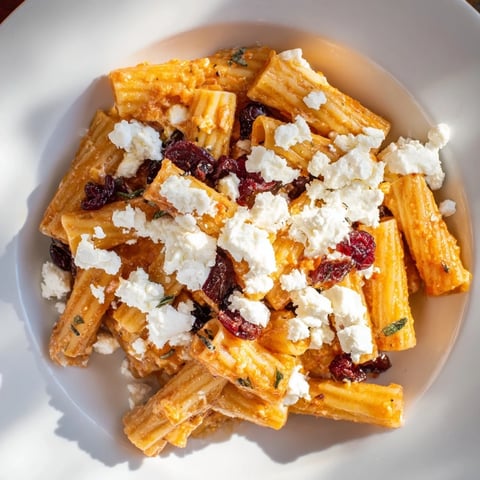 Golden, bubbly Cranberry-Sage Feta Pasta Bake, a perfect fall dish with cranberries and creamy feta.