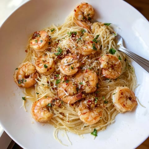 One-Skillet Lemon Garlic Shrimp Angel Hair Pasta with a bright, lemony sauce and perfectly cooked shrimp.