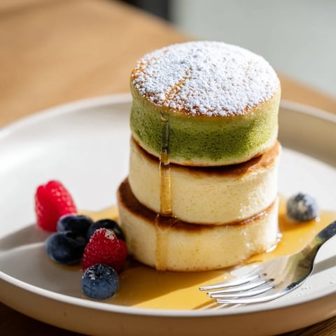 Fluffy Egg White Gingerbread Matcha Soufflé Pancakes, golden-brown and pillowy, ready to be devoured with syrup.