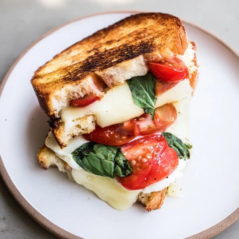 Golden, crispy Tomato Basil Burrata Stuffed Grilled Cheese oozes with melted cheese and fresh tomato slices.