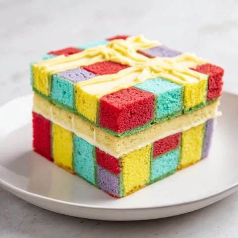 A colorful overhead view of the Cozy Quilt Patchwork Cake, showing the individual squares.