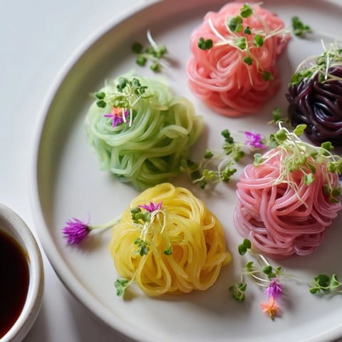 Chilled Neon Noodle Clouds, a colorful vegan dish with savory dipping sauce, visually inviting.