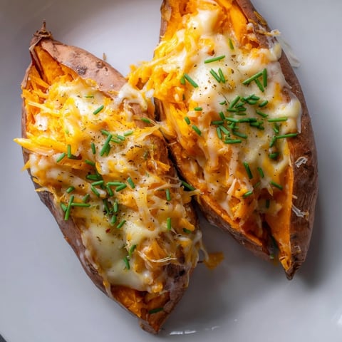 Warm, melty cheese spilling from roasted sweet potato halves; a delicious vegetarian treat.