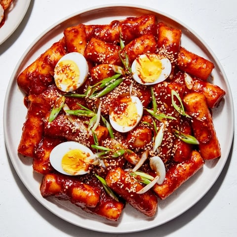 A steaming bowl of Korean Tteokbokki with vibrant red sauce and perfectly boiled eggs.